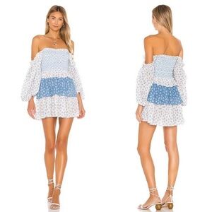 LoveShackFancy Shaw Mini Dress in Blue Floral-Print XS